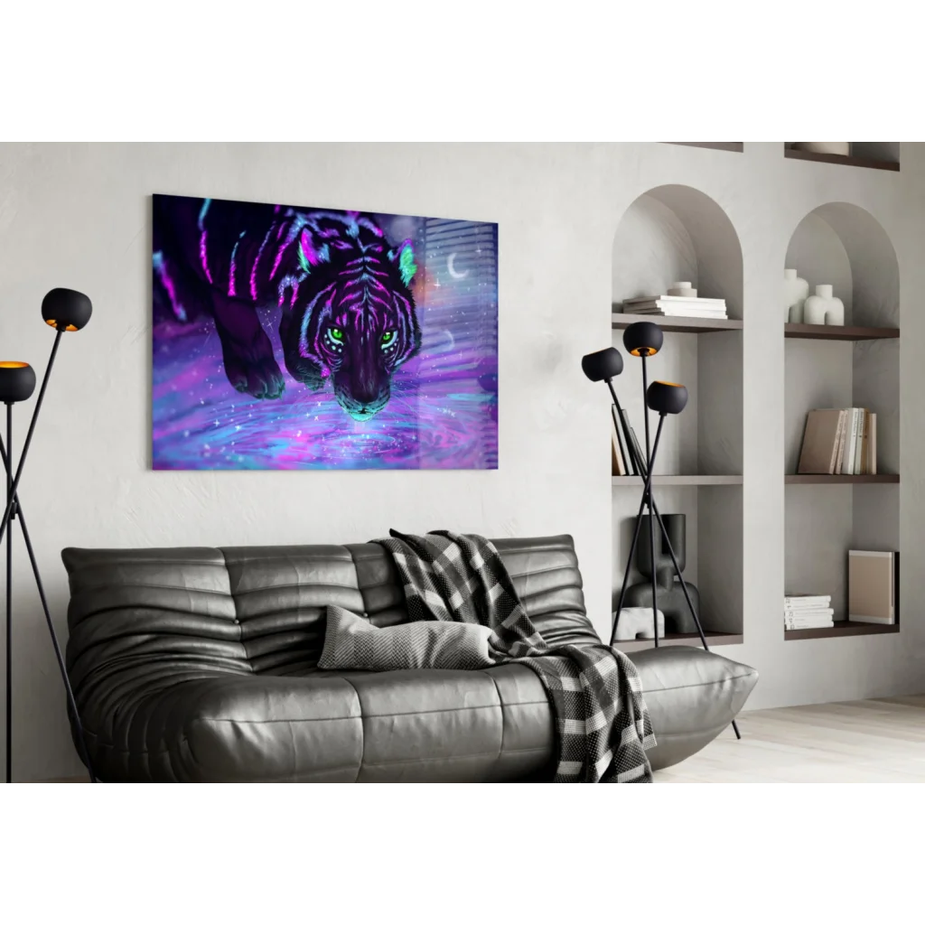 Vibrant neon purple green tiger on cosmic glow glass wall art