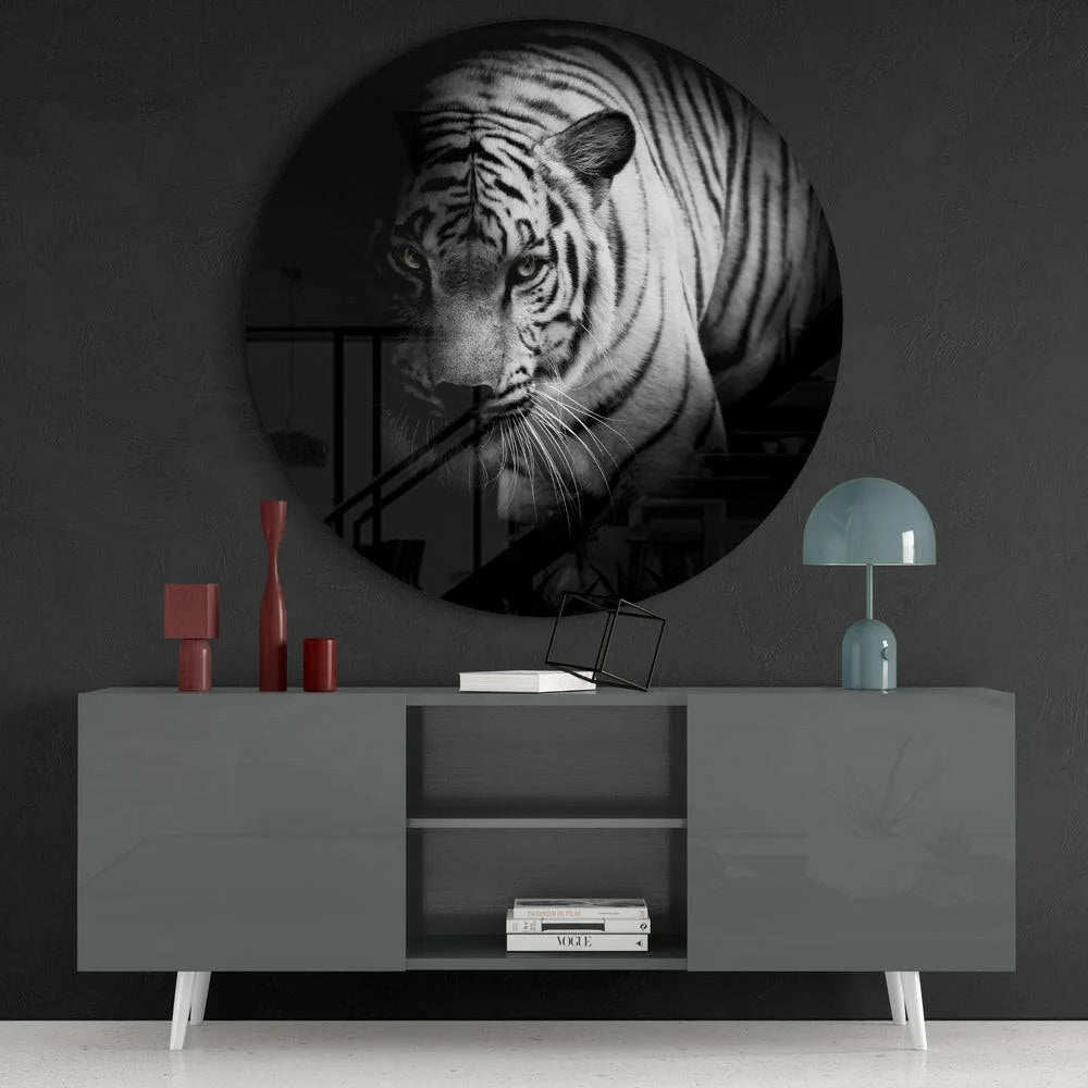 Stunning white tiger tempered glass art circle print on wall