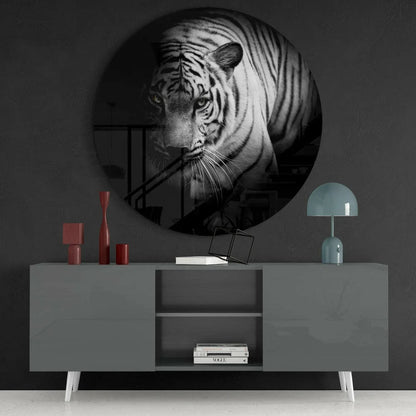 Stunning white tiger tempered glass art circle print on wall