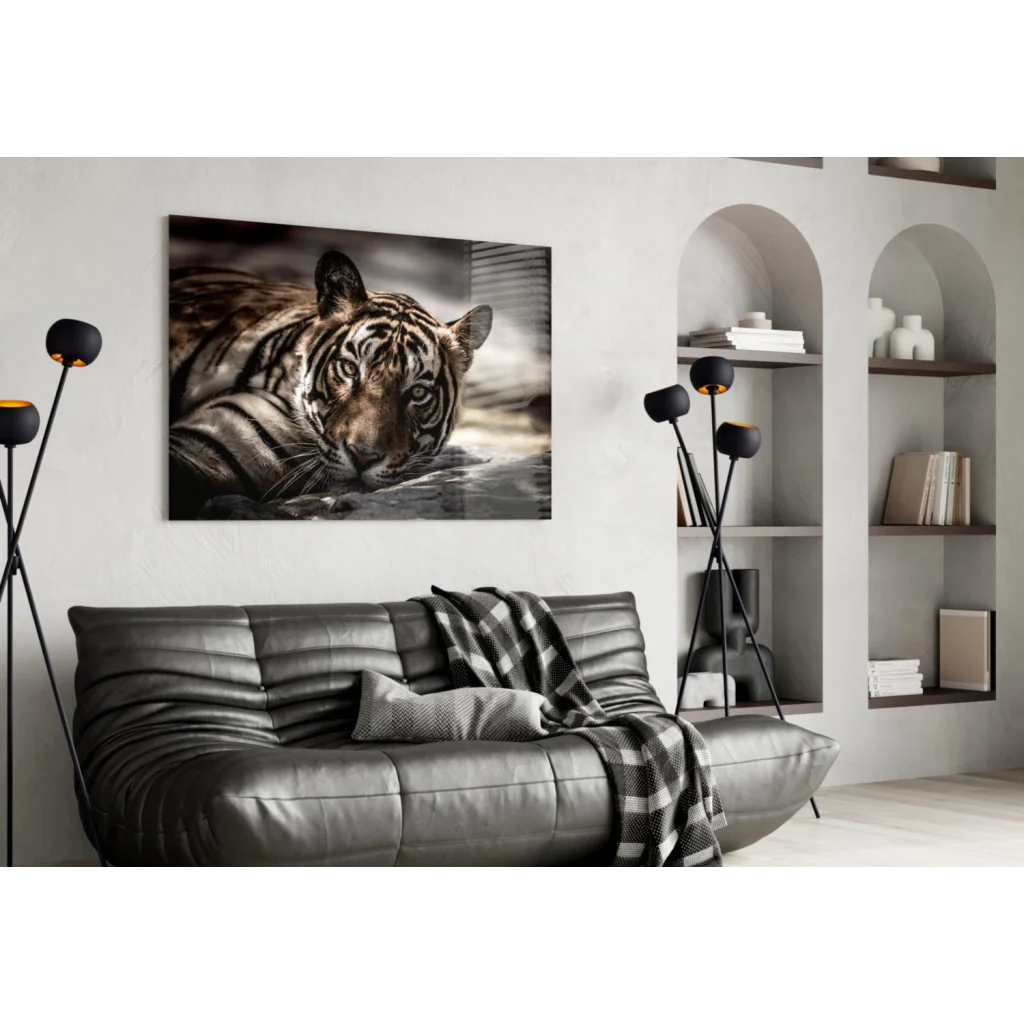 Intense black and white tiger eyes canvas wall art print on wall
