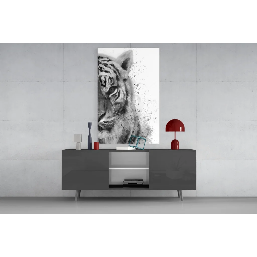 Black-and-white tiger watercolor portrait canvas wall art on gray console