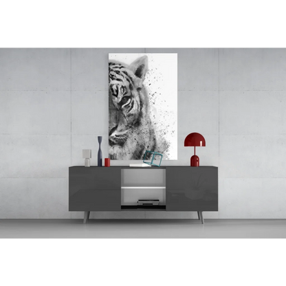 Black-and-white tiger watercolor portrait canvas wall art on gray console