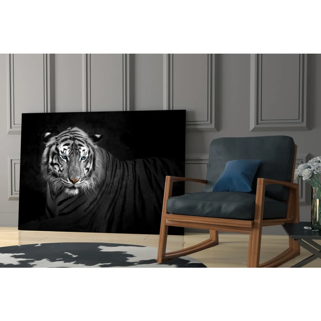 Fierce tiger canvas wall art with piercing blue eyes and white stripes