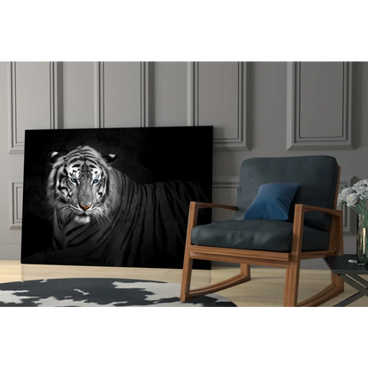 Fierce tiger canvas wall art with piercing blue eyes and white stripes
