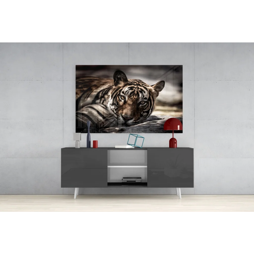 Striking black-and-white tiger eyes wall art print on gray console