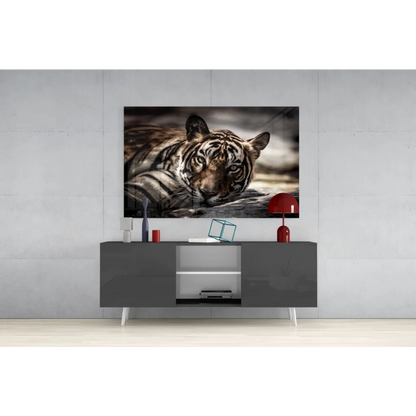 Striking black-and-white tiger eyes wall art print on gray console