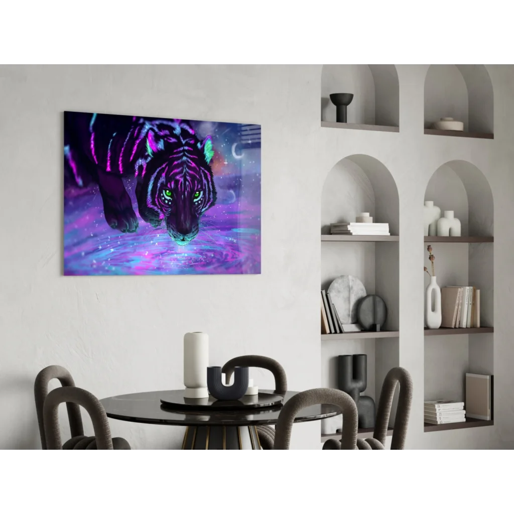 Neon purple and green tiger glass wall art with cosmic glow