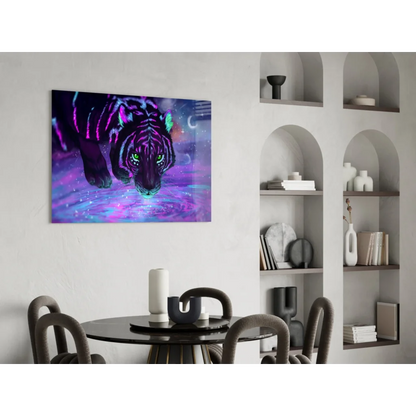 Neon purple and green tiger glass wall art with cosmic glow