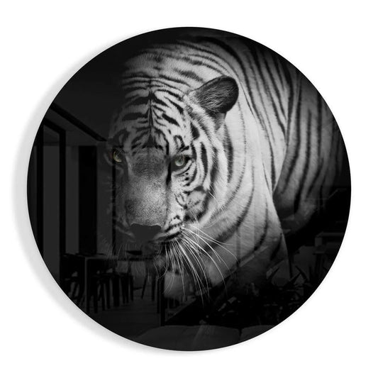 Stunning white tiger tempered glass art circle print