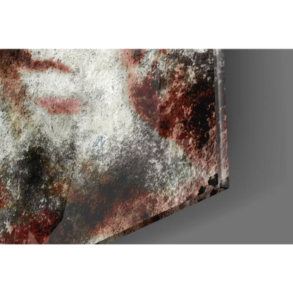 Abstract textured glass wall art print in white, red, and dark gray hues