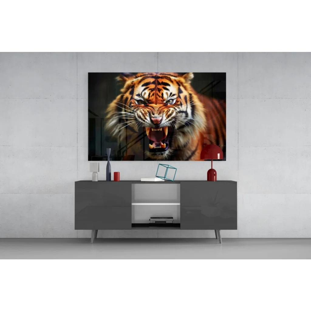Roaring tiger canvas wall art print with fierce orange stripes