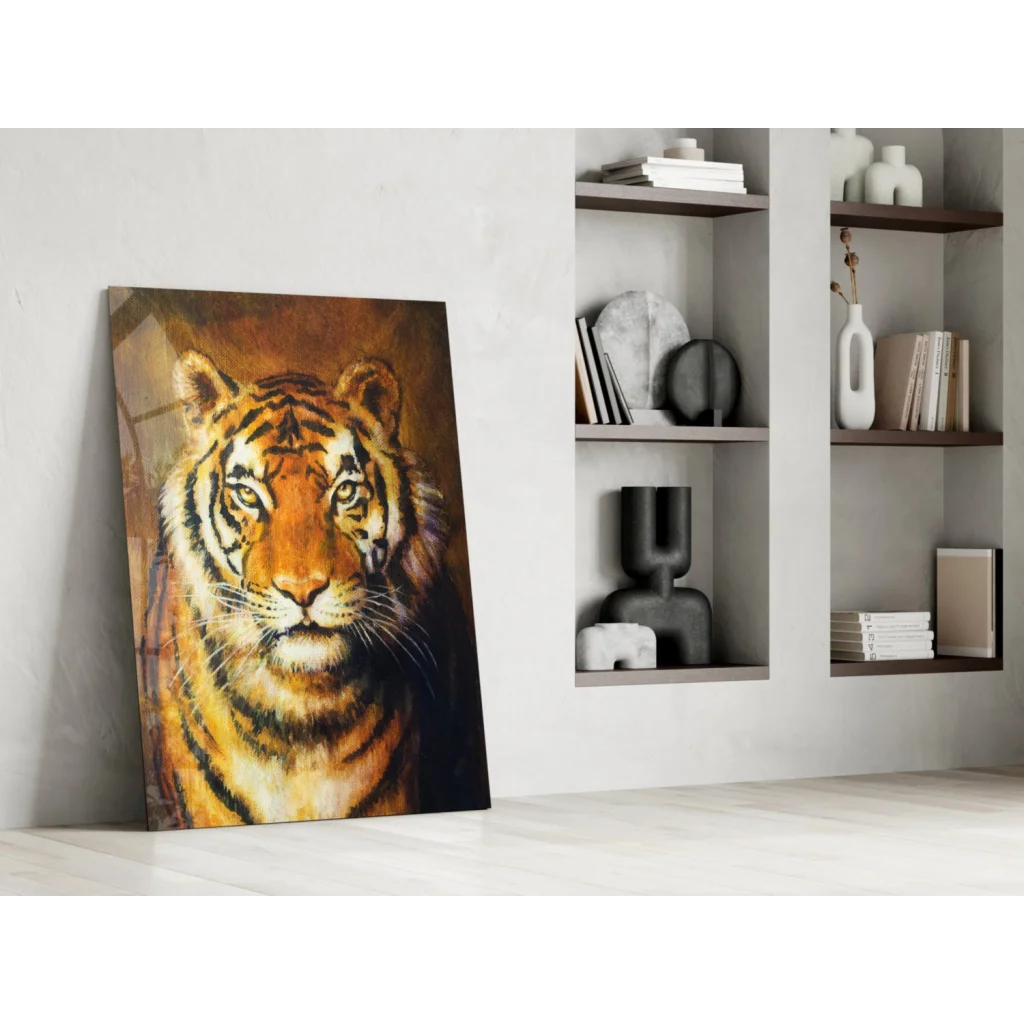 Vibrant orange black tiger portrait on glass wall art leaning against white wall