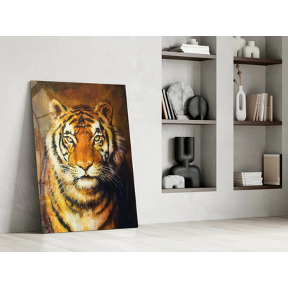 Vibrant orange black tiger portrait on glass wall art leaning against white wall