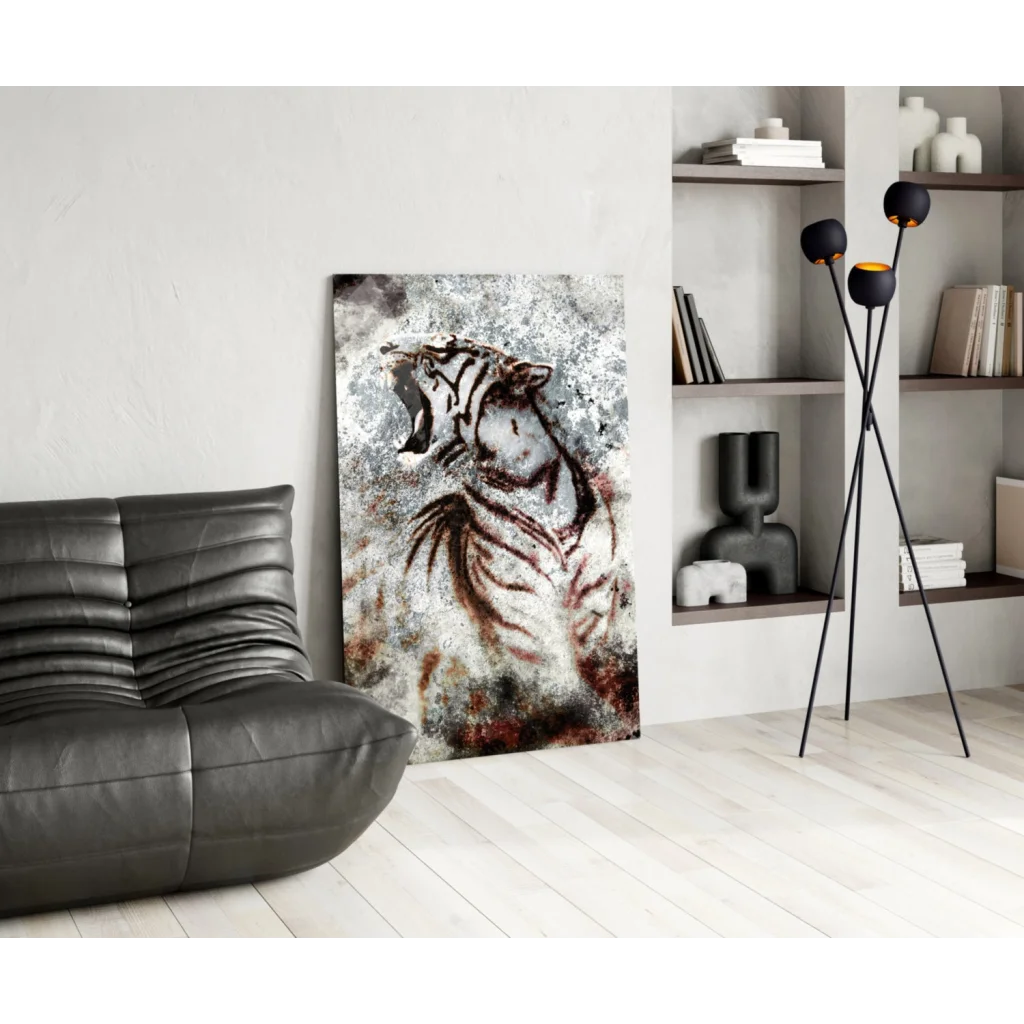 Striking abstract glass wall art of roaring tiger with bold stripes