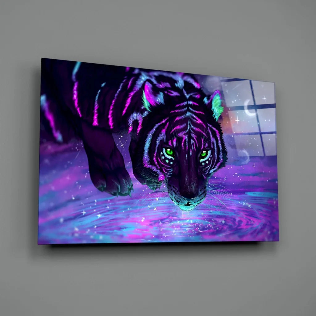 Vibrant neon tiger glass wall art with cosmic glow