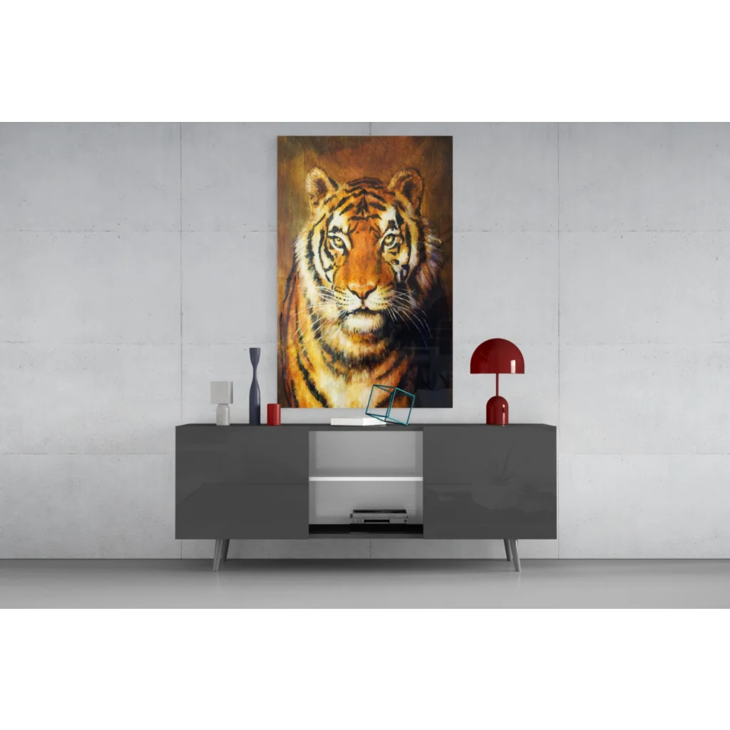 Vibrant orange black tiger glass wall art on canvas above gray console