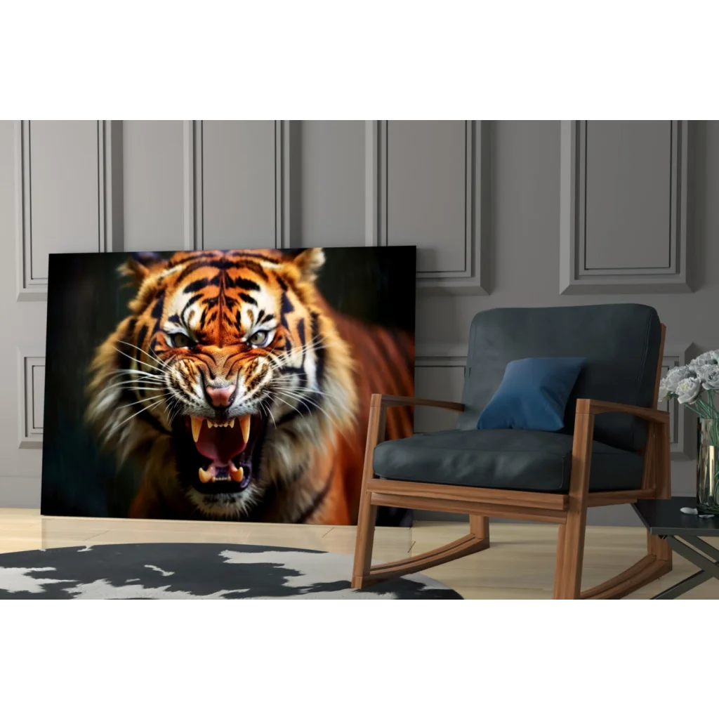 Vibrant orange black roaring tiger canvas wall art with fierce stripes