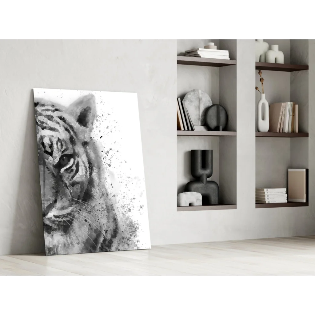 Black and white watercolor tiger wall art canvas print leaning against wall