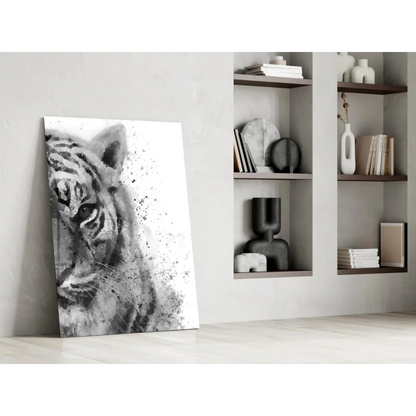 Black and white watercolor tiger wall art canvas print leaning against wall