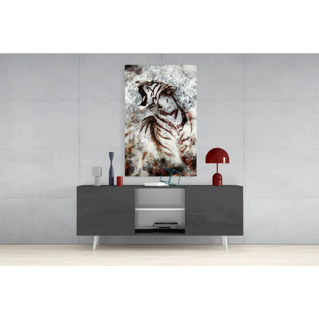 Abstract tiger glass wall art with bold black and white stripes on textured background