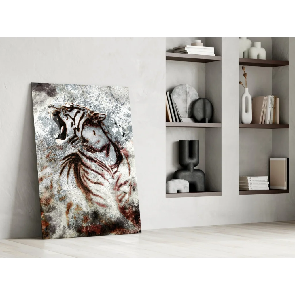 Striking roaring tiger glass wall art print on textured gray background