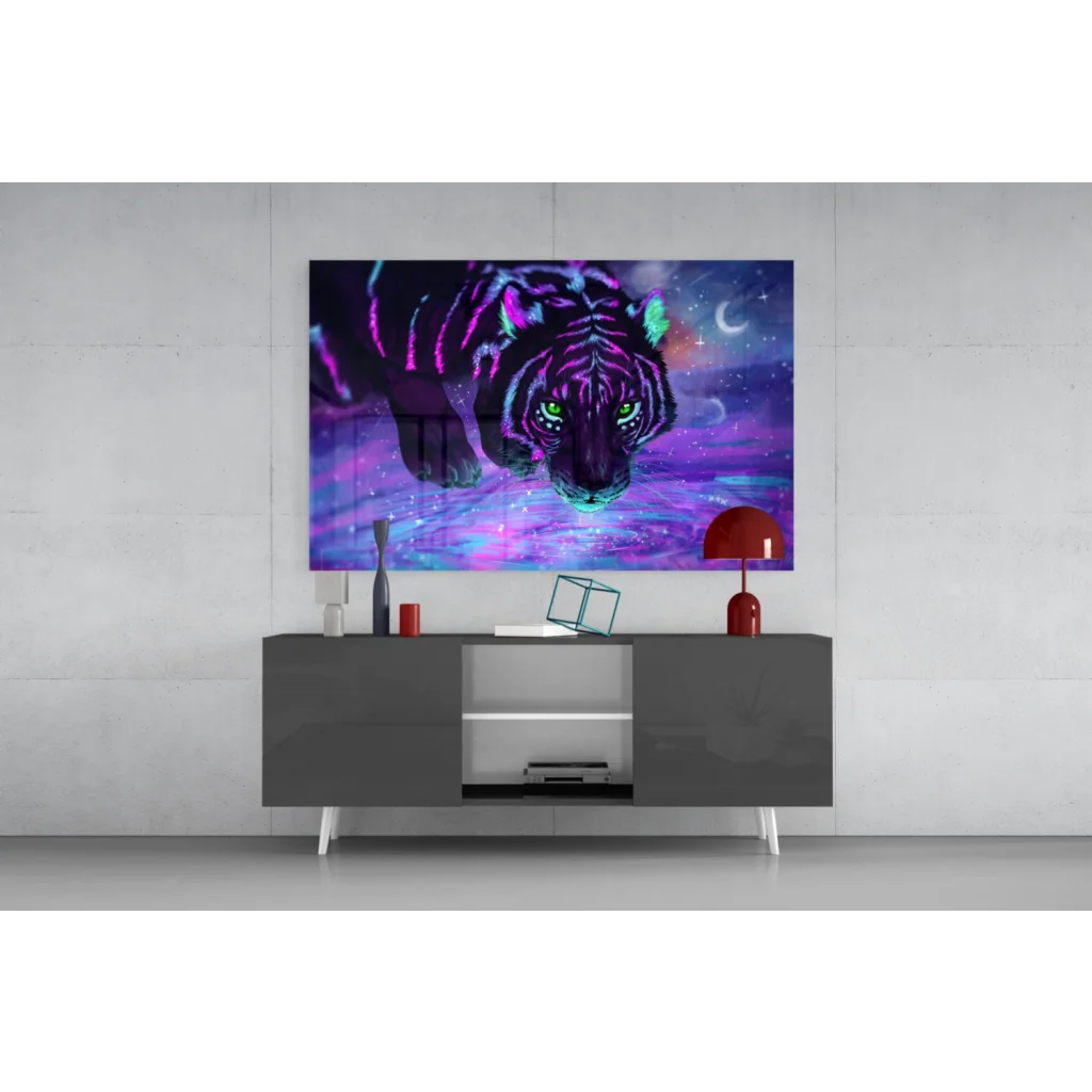 Vibrant neon tiger glass wall art with purple pink stripes green eyes cosmic glow