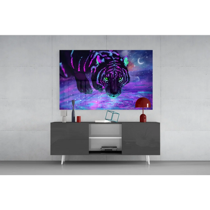 Vibrant neon tiger glass wall art with purple pink stripes green eyes cosmic glow