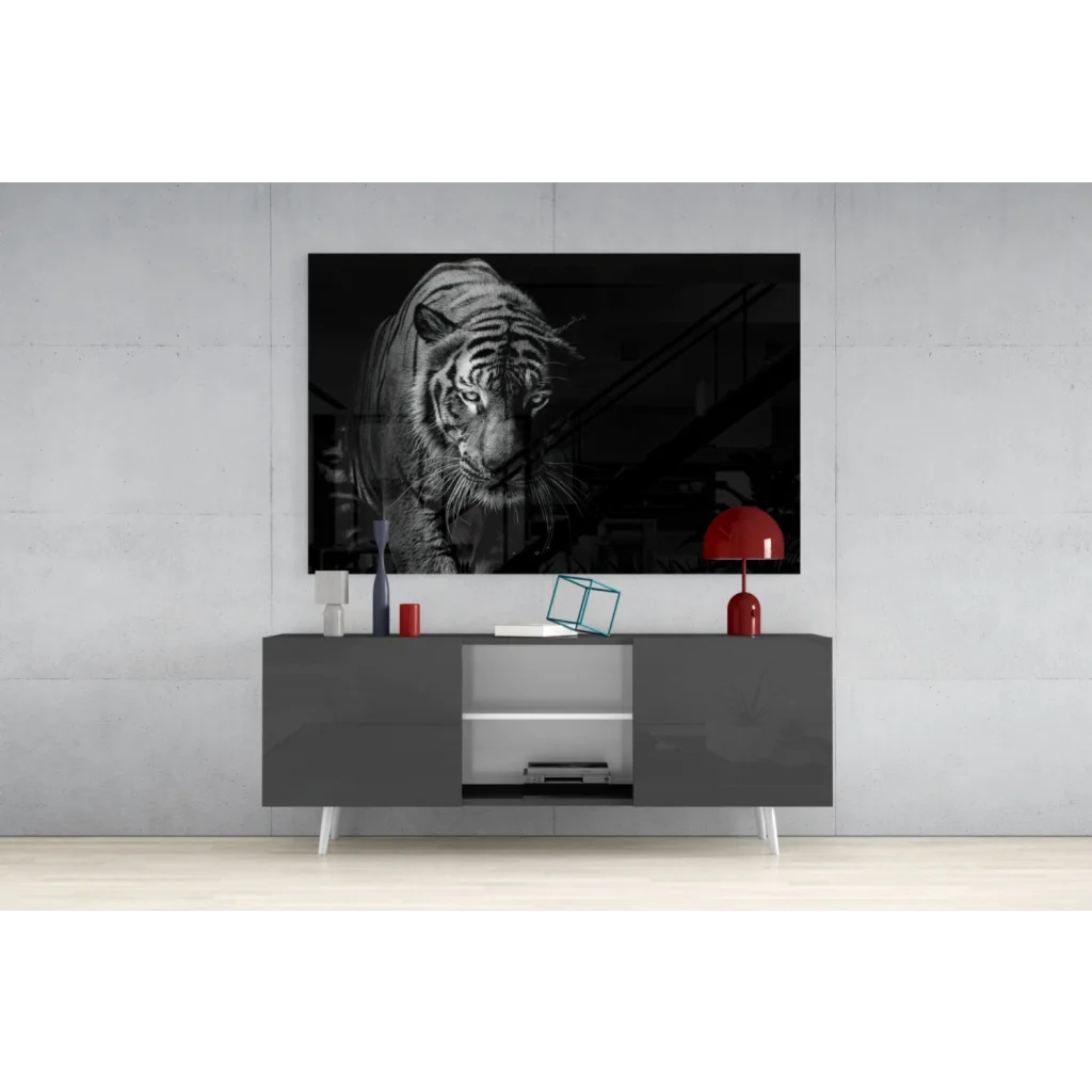 Fierce black-and-white tiger portrait canvas wall art on gray console table