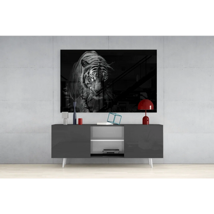 Fierce black-and-white tiger portrait canvas wall art on gray console table