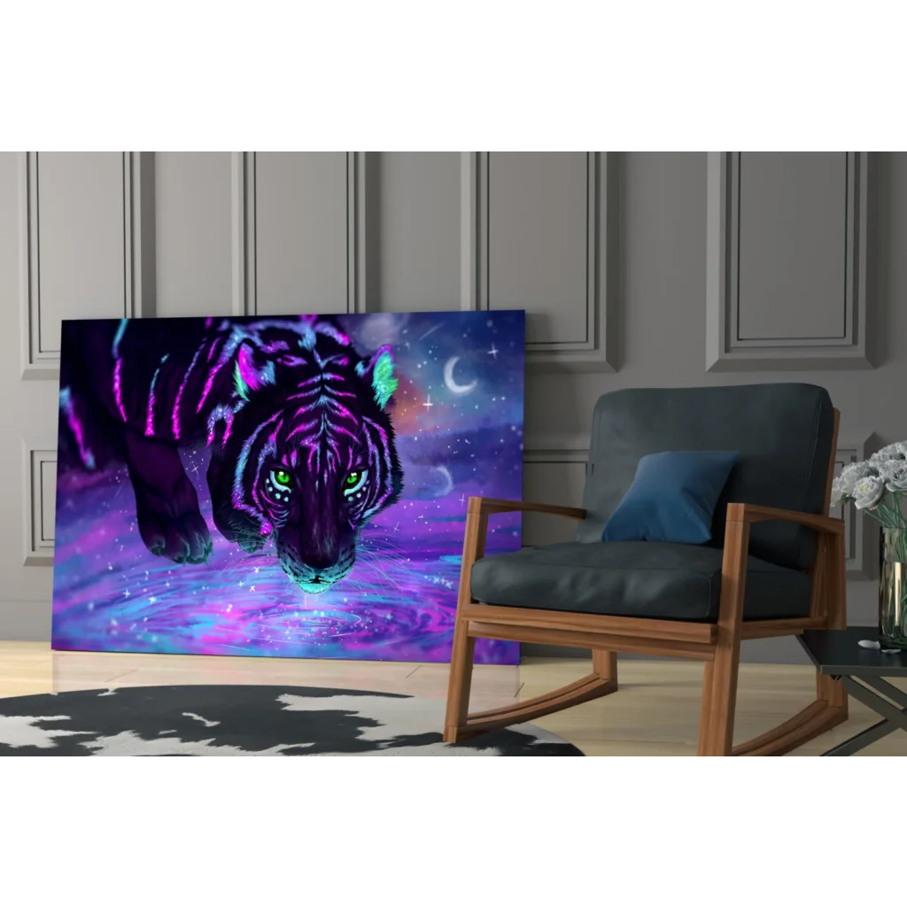 Vibrant neon purple teal tiger glass wall art with cosmic glow