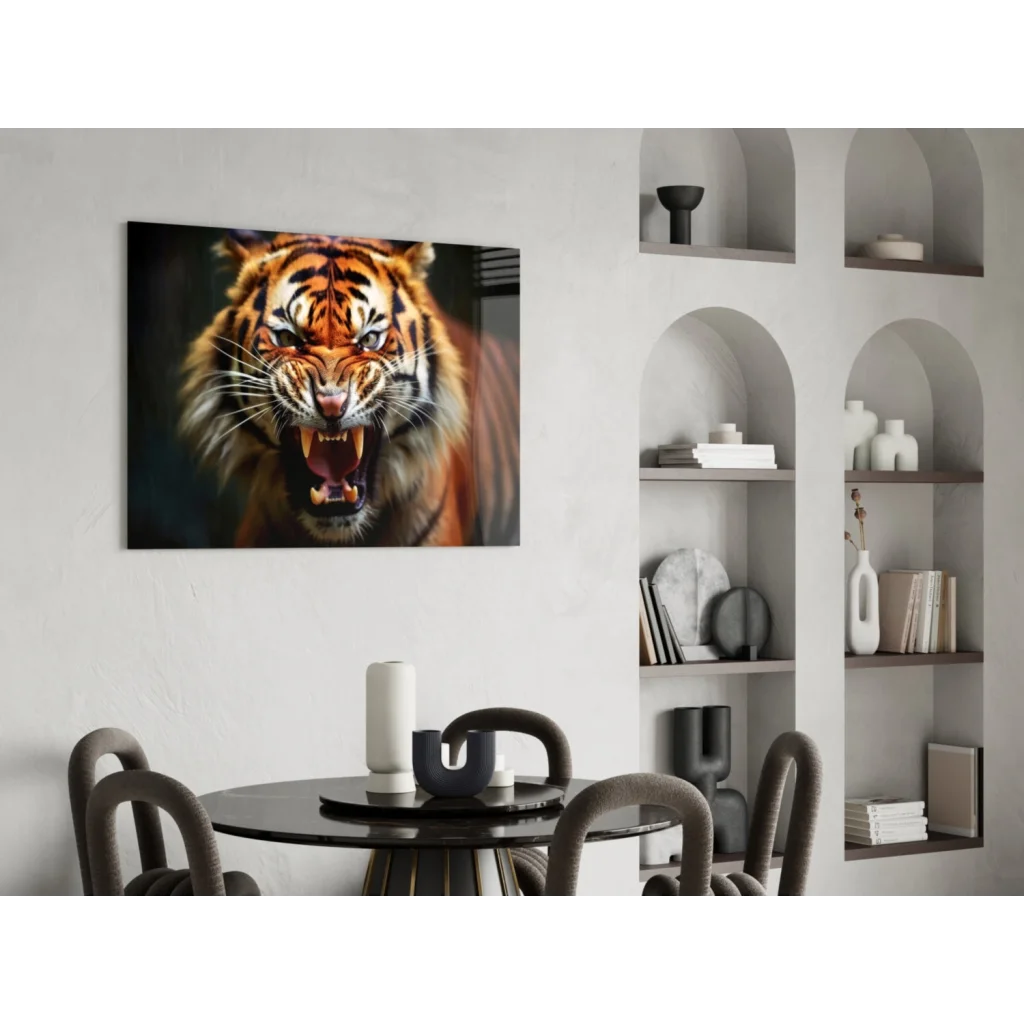 Vibrant orange and black roaring tiger canvas wall art on white wall