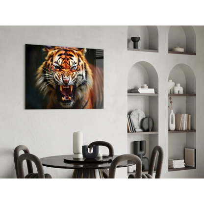 Vibrant orange and black roaring tiger canvas wall art on white wall