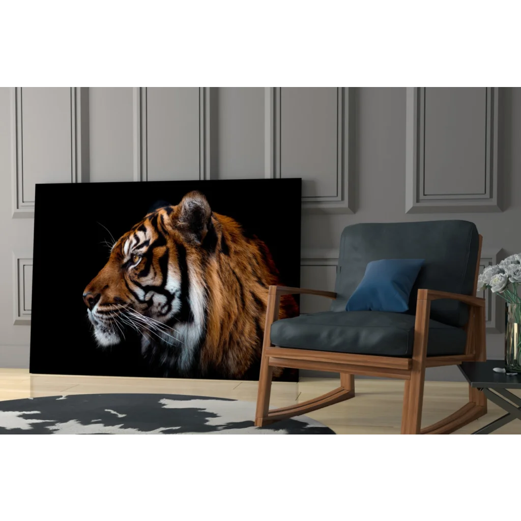 Fierce tiger canvas wall art with bold orange stripes portrait