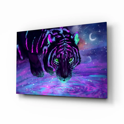 Vibrant neon tiger glass wall art with cosmic starry glow