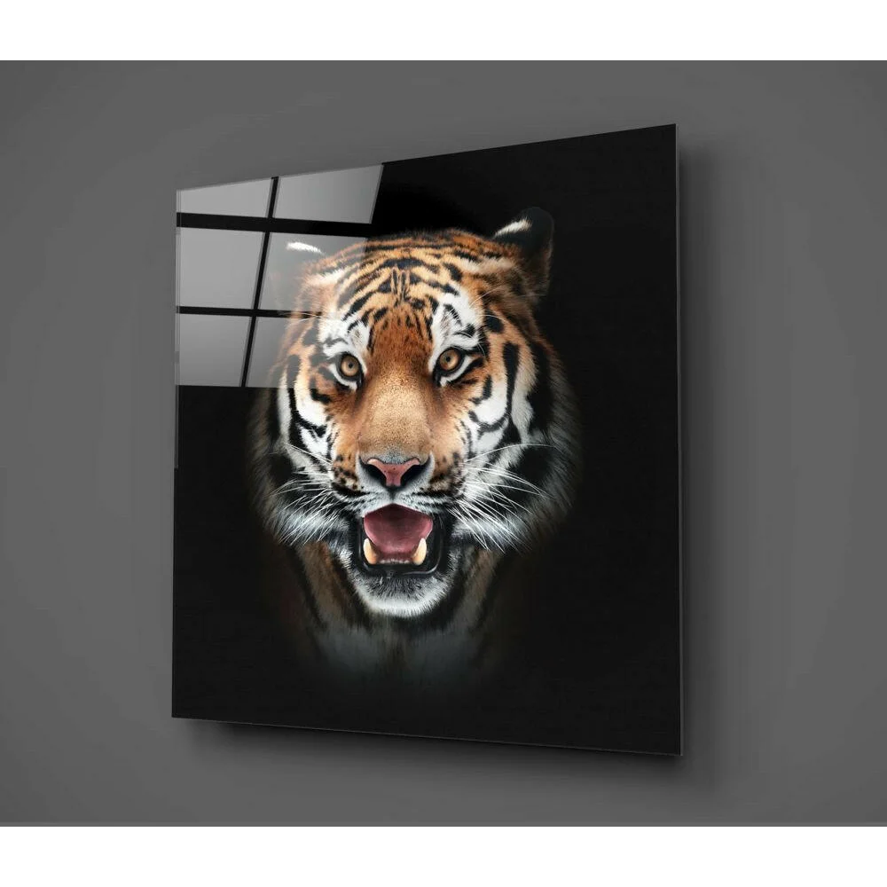 Roaring Tiger Glass Wall Art on Sleek Black Panel | Glass Wall Art Print | vintageantiquesgifts.com