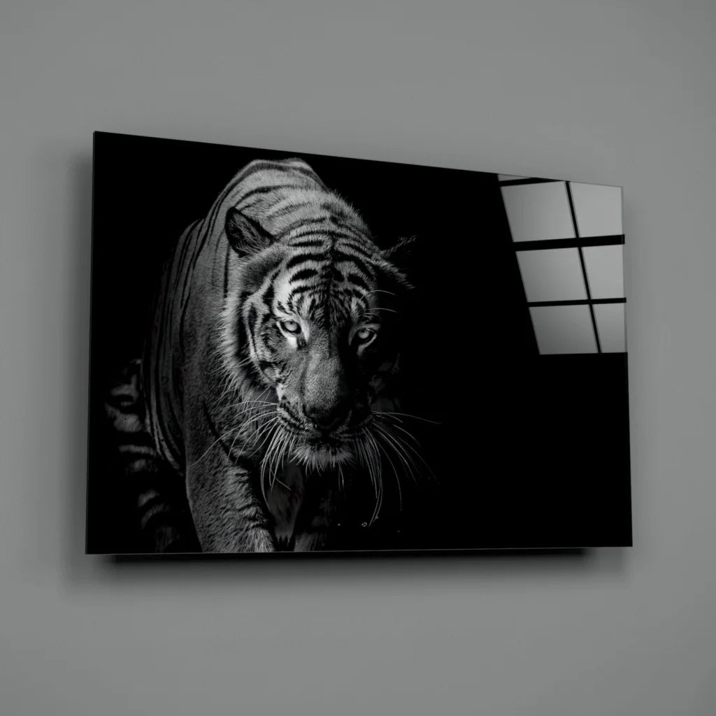 Fierce tiger canvas wall art in bold black and white on wall