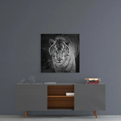 Striking white tiger glass wall art with piercing blue eyes on canvas