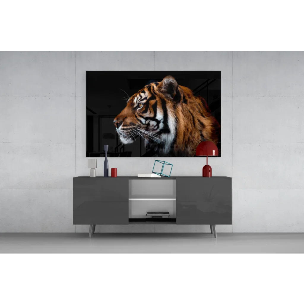 Fierce tiger wall art on sleek TV above gray console