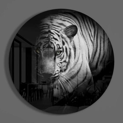 Stunning white tiger tempered glass art circle print in vibrant colors