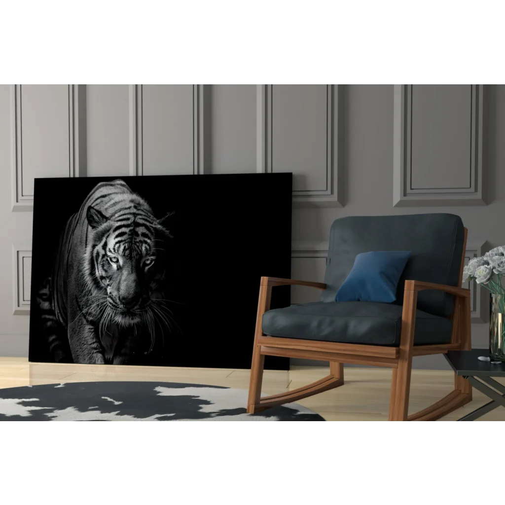 Fierce black-and-white tiger canvas wall art with white stripes and intense eyes