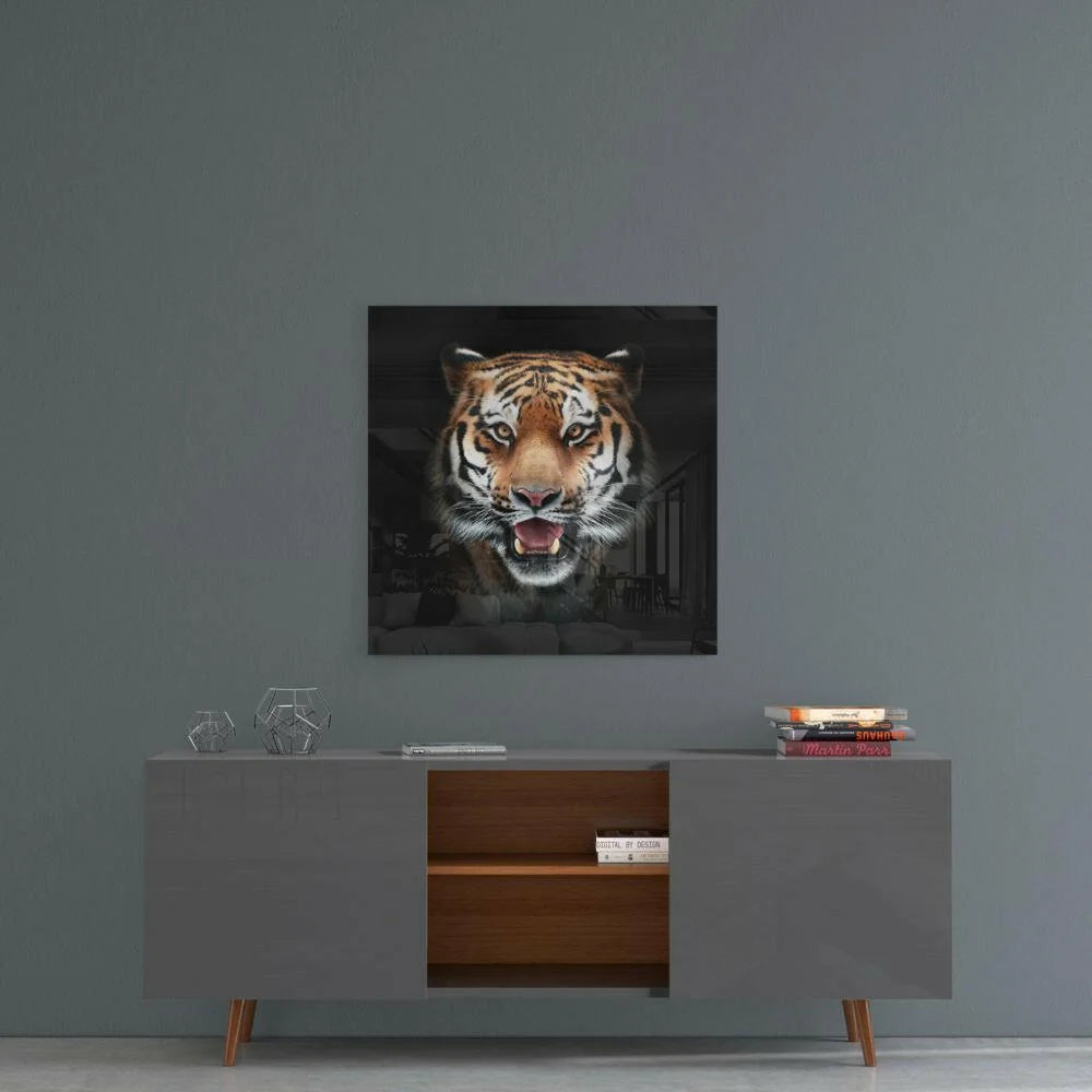 Roaring Tiger Glass Wall Art on Sleek Black Panel | Contemporary Home Wall Art | vintageantiquesgifts.com