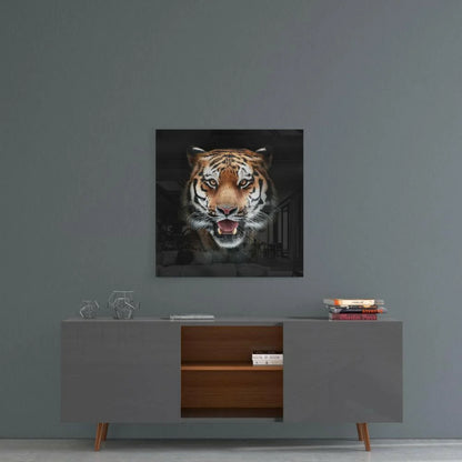 Roaring Tiger Glass Wall Art on Sleek Black Panel | Contemporary Home Wall Art | vintageantiquesgifts.com