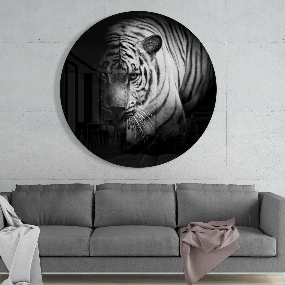 Stunning white tiger face in black-and-white on tempered glass art circle