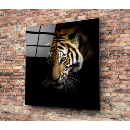 Fierce black-and-orange tiger tempered glass art on brick wall