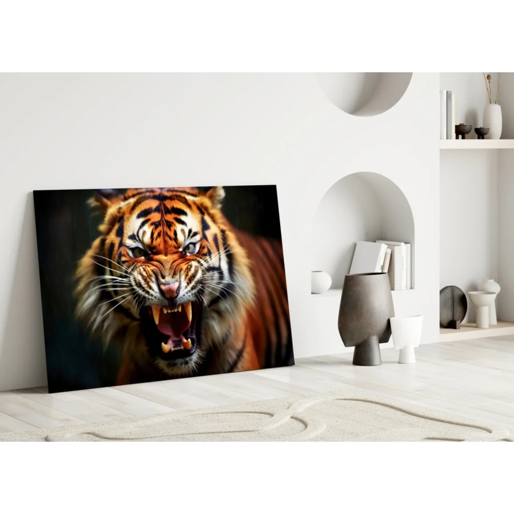 Roaring Tiger Canvas Wall Art Print with Fierce Orange Stripes | Modern Wall Art Decor | vintageantiquesgifts.com