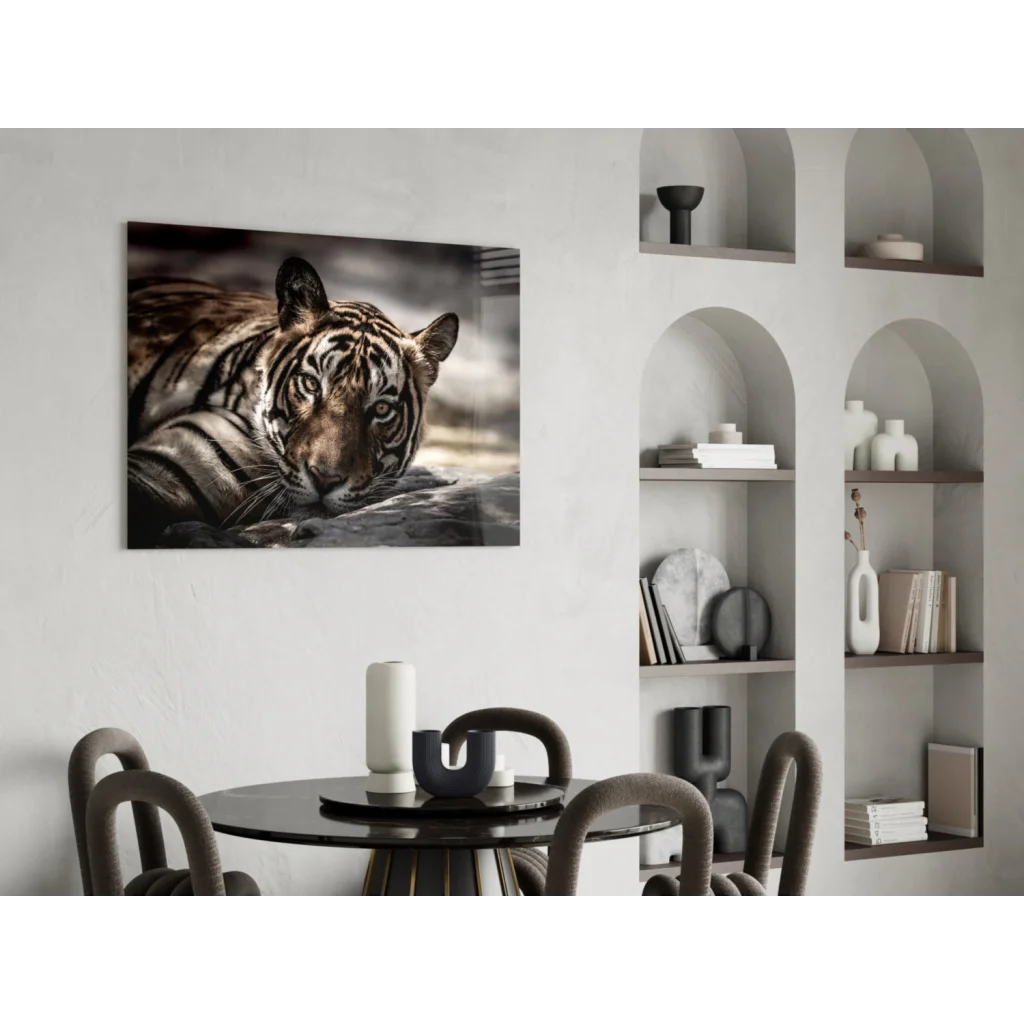 Striking black-and-white tiger eyes wall art canvas print on white wall