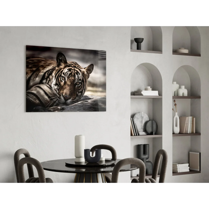 Striking black-and-white tiger eyes wall art canvas print on white wall