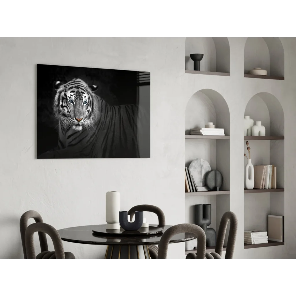 Black-and-white tiger photo in blue eyes glass wall art frame