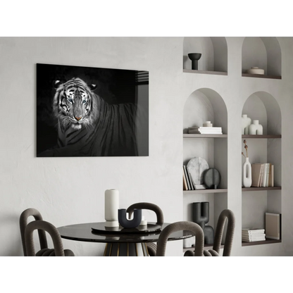 Black-and-white tiger photo in blue eyes glass wall art frame