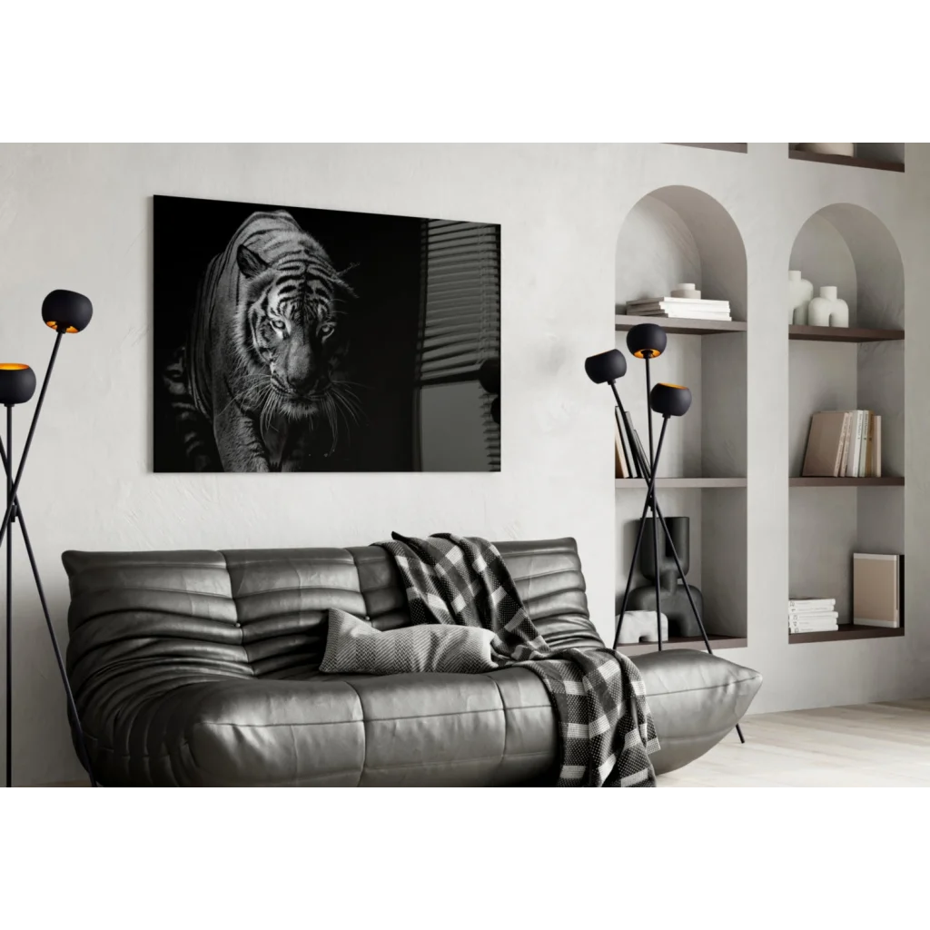 Bold black-and-white tiger canvas wall art hanging on wall